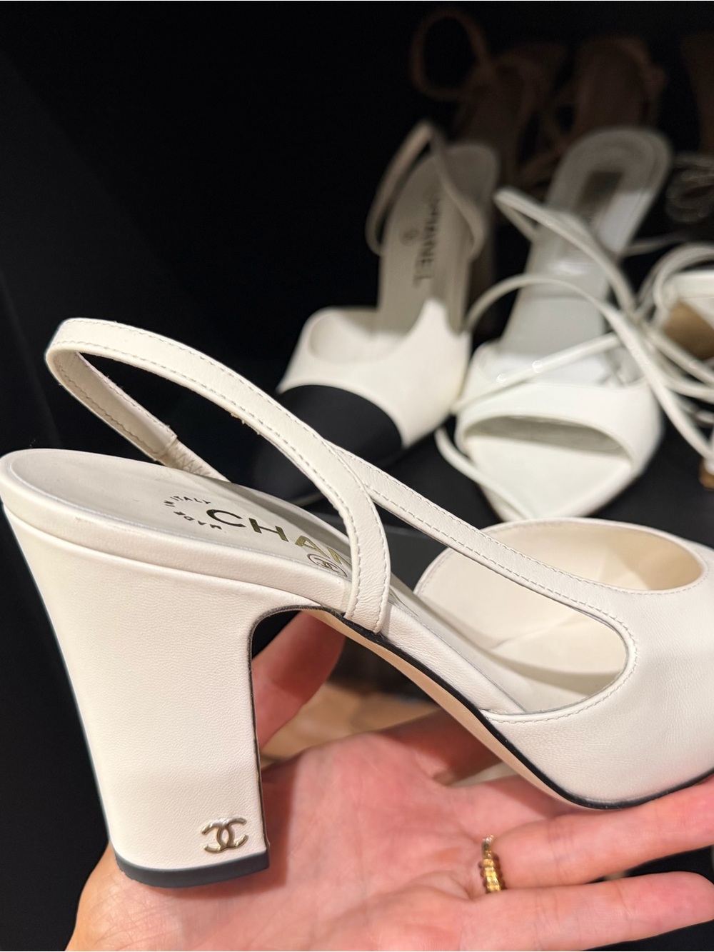 CHANEL White Leather Slingback Pump with Black Cap Toe - Picture 7 of 14